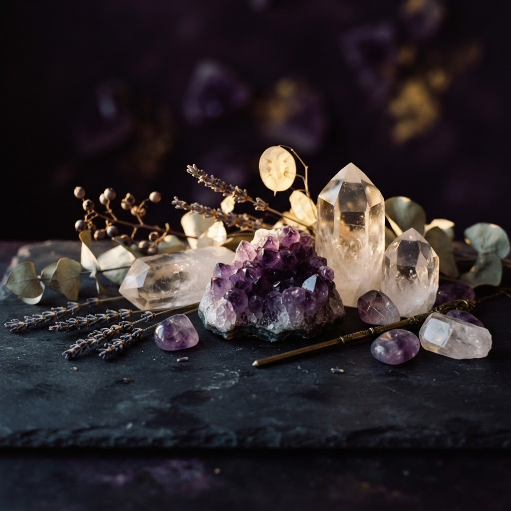 Amethyst and clear quartz healing crystals arranged with dried botanicals in warm golden light